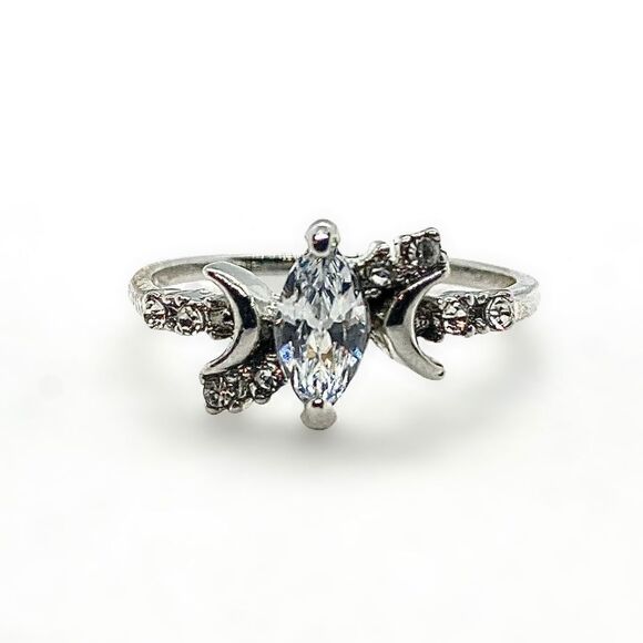 Silver Crescent Moon Crystal Ring - Picture 1 of 16